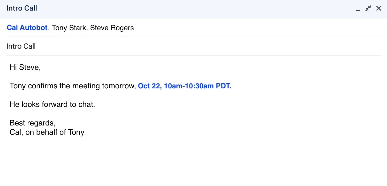 Cal confirming the meeting and updating calendars