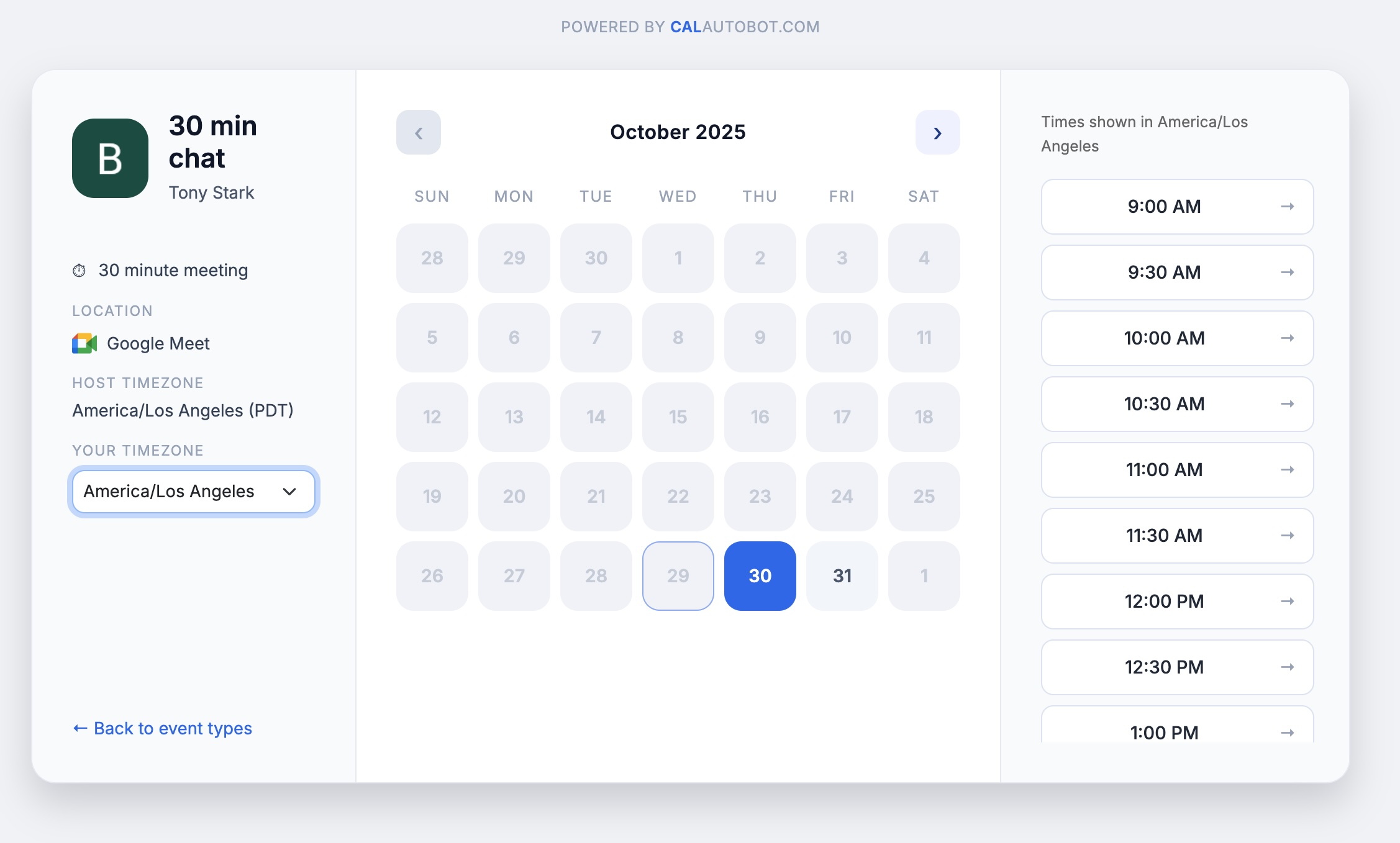 Preview of a public booking page powered by Cal